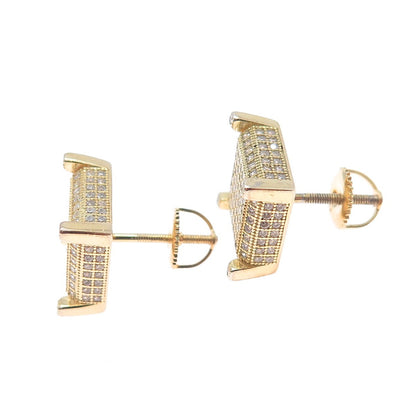925 Sterling Silver Gold Plated Round-Cut C Z Square Stud Earrings