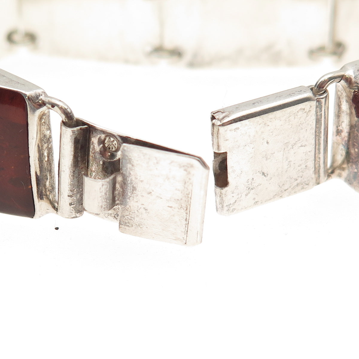 925 Sterling Silver Vintage Poland Real Amber Modernist Oxidized Bracelet 7.25"