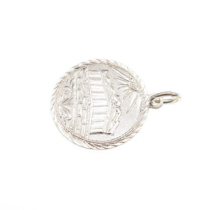 925 Sterling Silver Antique Art Deco Engraved Parthenon Token Charm Pendant