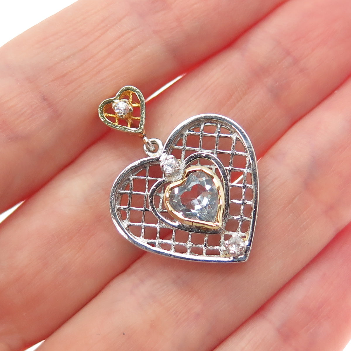 925 Sterling Silver 2-Tone Real Blue Topaz & C Z Heart Charm Pendant