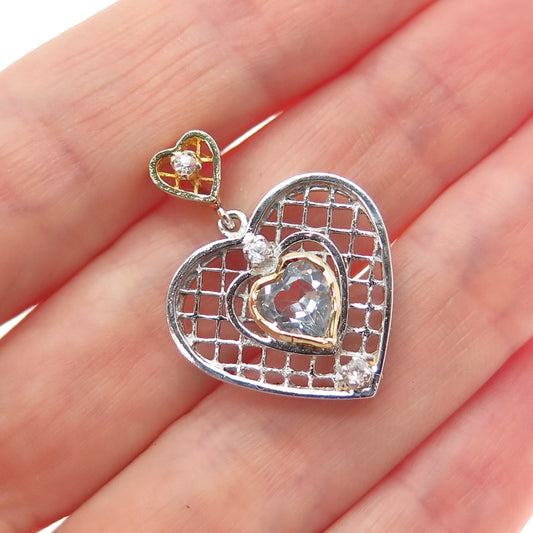 925 Sterling Silver 2-Tone Real Blue Topaz & C Z Heart Charm Pendant