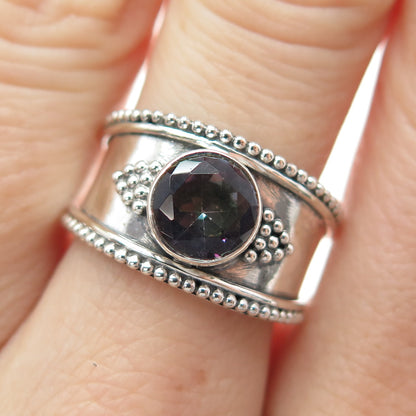 925 Sterling Silver Vintage Real Mystic Quartz Granulated Ring Size 7.5