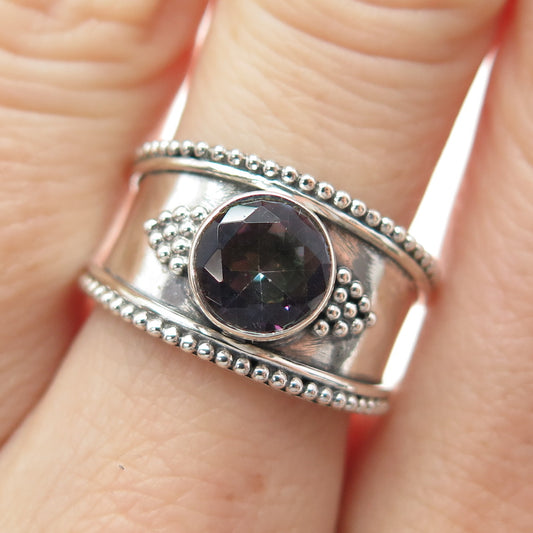 925 Sterling Silver Vintage Real Mystic Quartz Granulated Ring Size 7.5
