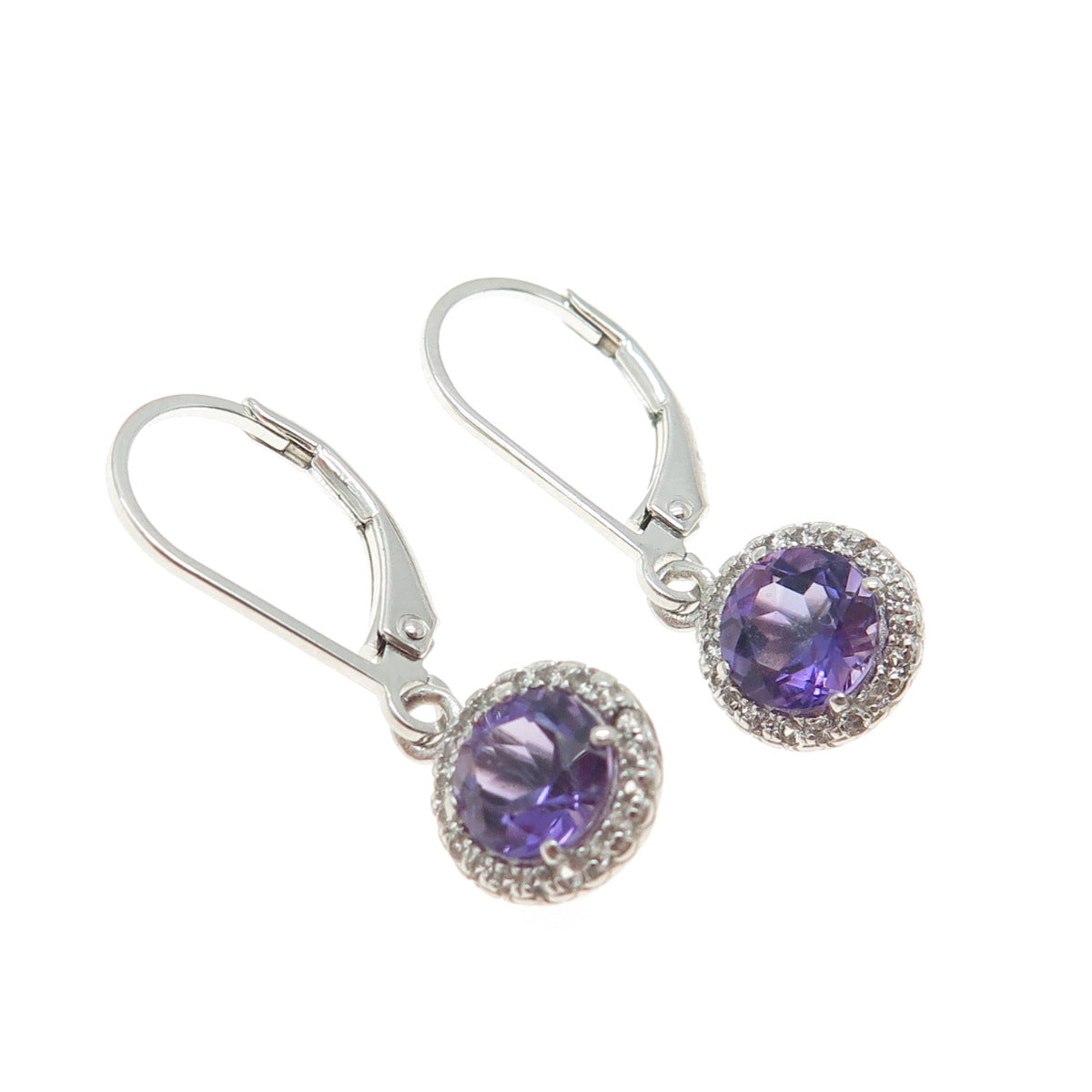 925 Sterling Silver Real Amethyst Gemstone & C Z Dangle Earrings