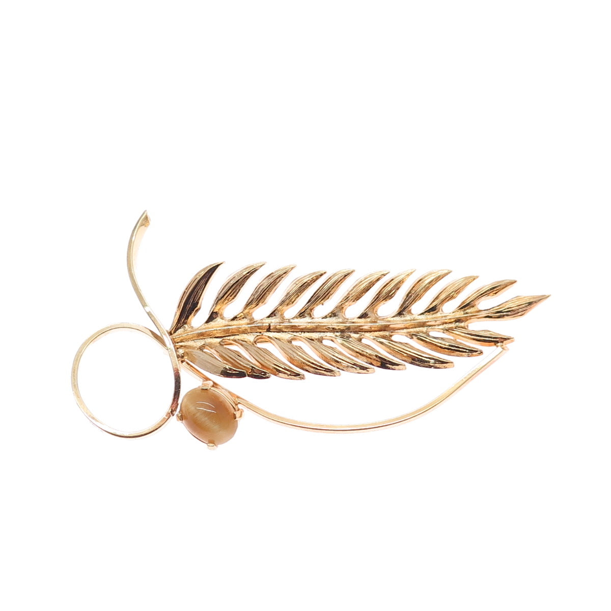 WELLS 925 Sterling Silver Gold Plated Vintage Real Tiger Eye Feather Pin Brooch