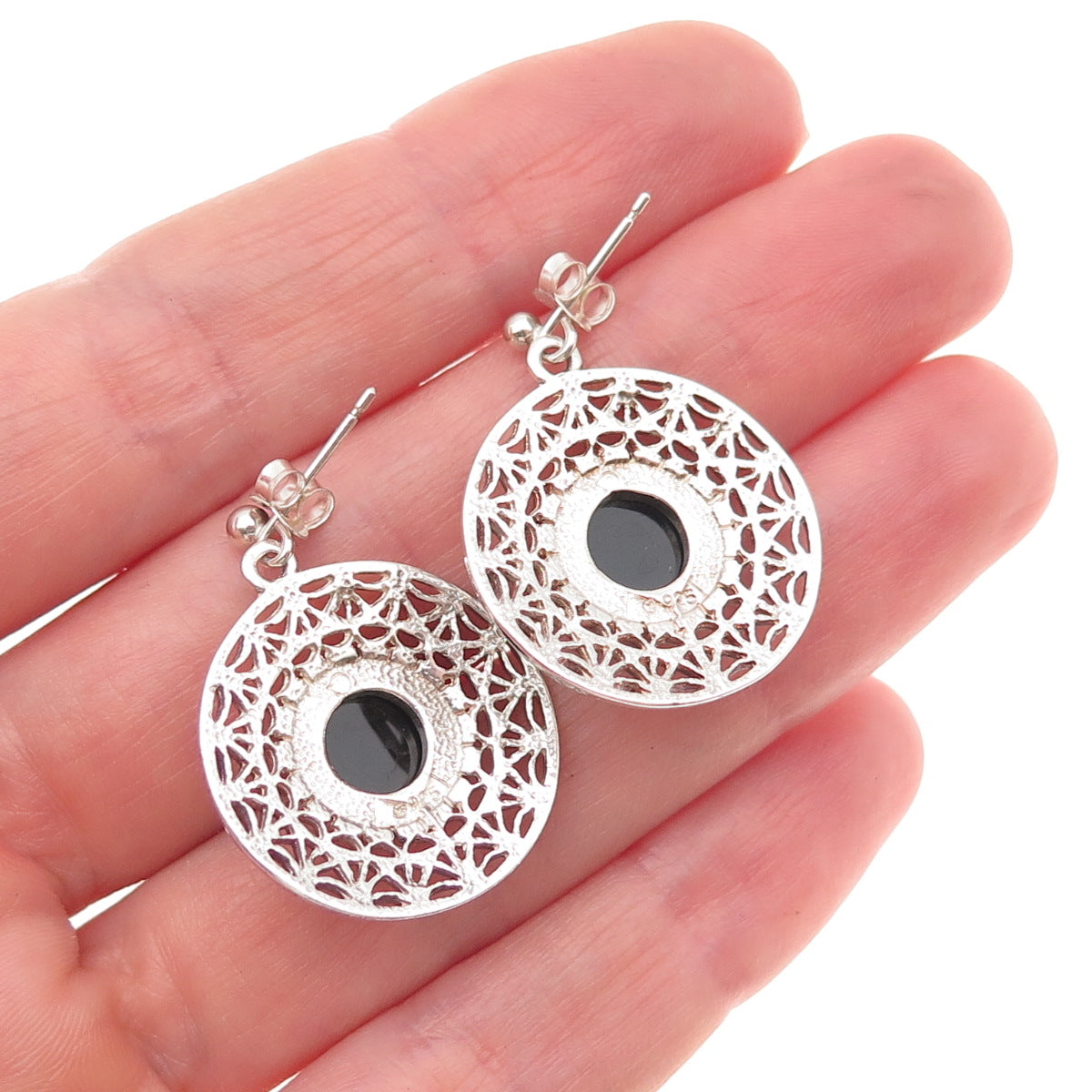MG Michal Golan 925 Sterling Silver Vintage Real Black Onyx Disc Dangle Earrings