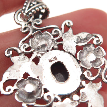925 Sterling Silver Vintage Real Tanzanite Floral Oxidized Charm Pendant