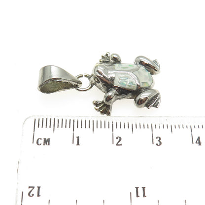 925 Sterling Silver Vintage Real Opal Inlay Frog For Good Luck Oxidized Pendant