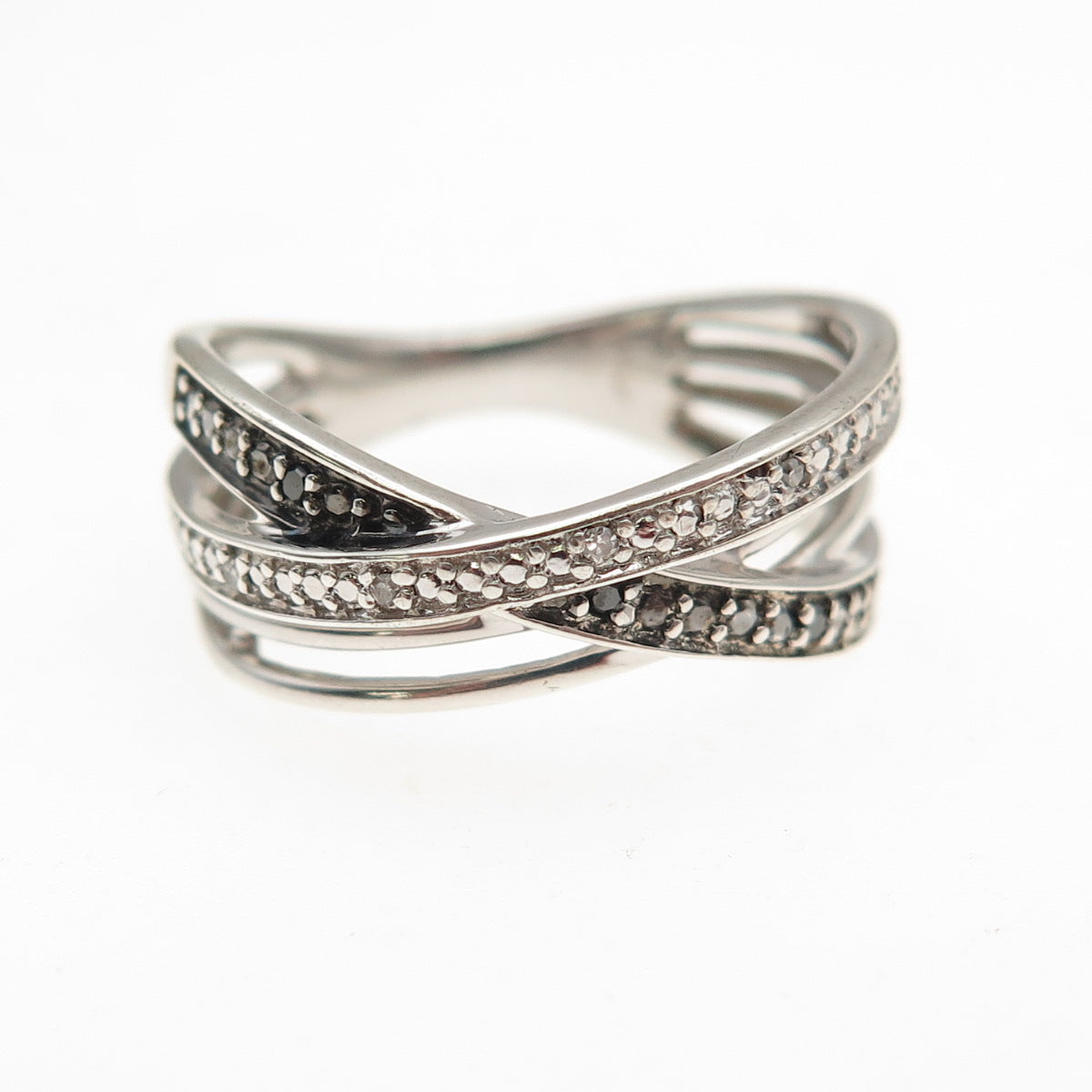 Sun 925 Sterling Silver Real Black & White Diamond Crisscross Ring Size 7