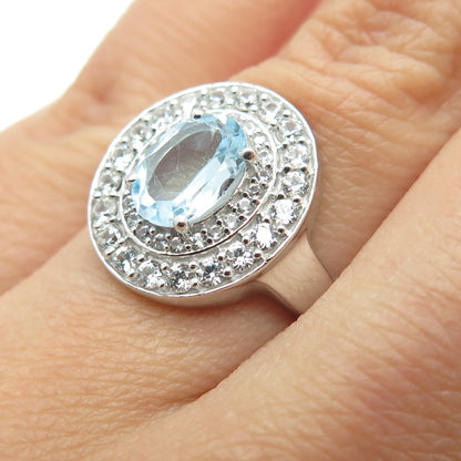 DSMK 925 Sterling Silver Real Oval & Round-Cut Blue White Topaz Ring Size 6.5