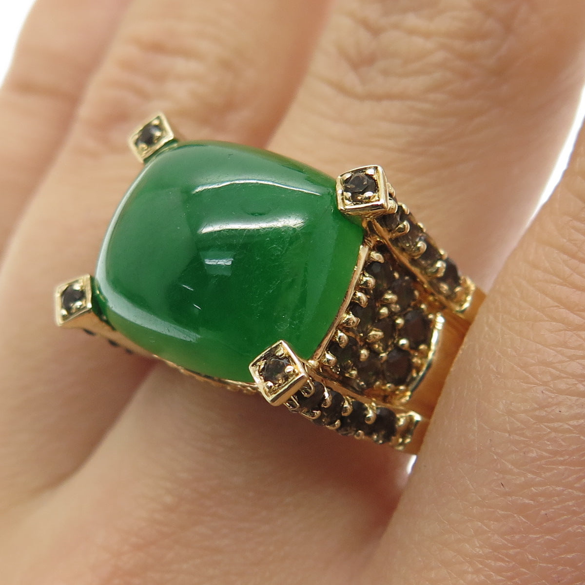 MICHELLE ALBALA Sterling Silver Gold Plated Jade & Smoky Quartz Ring Size 11.25