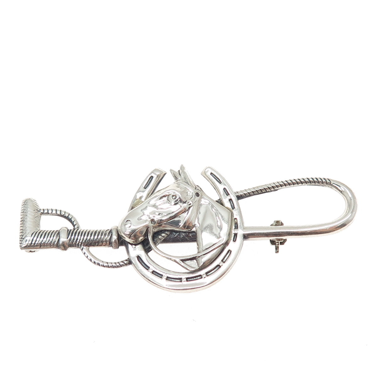 925 Sterling Silver Antique Art Deco Clover Horse Club Stirrup Pin Brooch