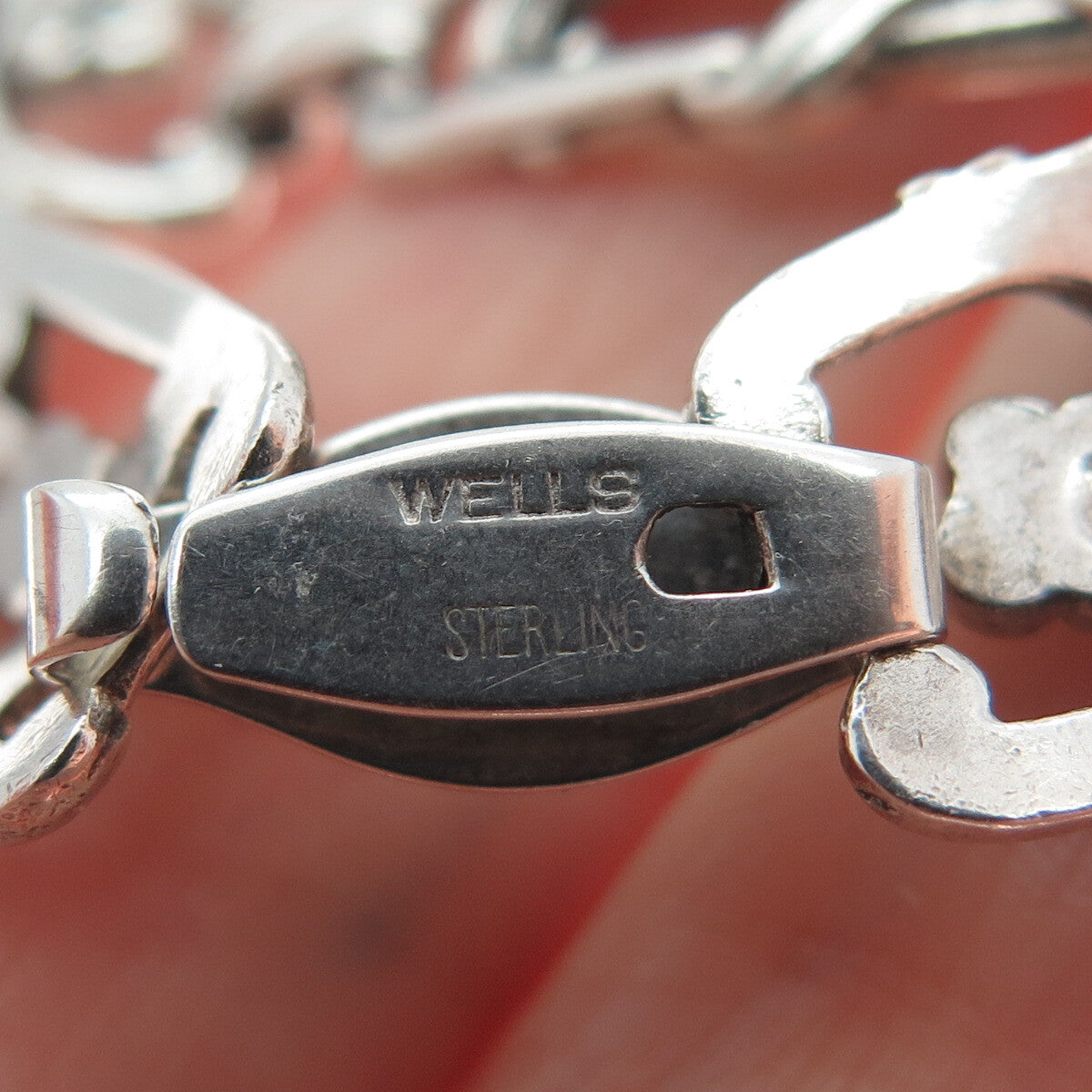 WELLS Sterling Silver Antique Art Deco Cherry Blossom Panel Link Bracelet 7.5"
