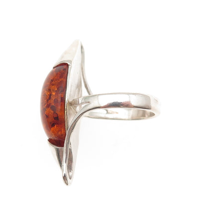 925 Sterling Silver Vintage RJ Czechia Real Amber Modernist Ring Size 7