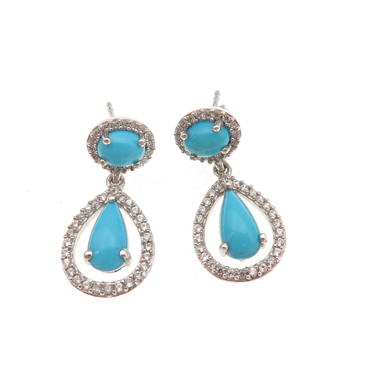 925 Sterling Silver Real Sleeping Beauty Turquoise & White Topaz Dangle Earrings