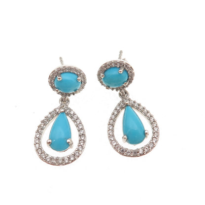925 Sterling Silver Real Sleeping Beauty Turquoise & White Topaz Dangle Earrings