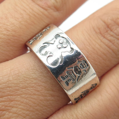 925 Sterling Silver Vintage Mexico Girl Boy & Bear Band Ring Size 11.5