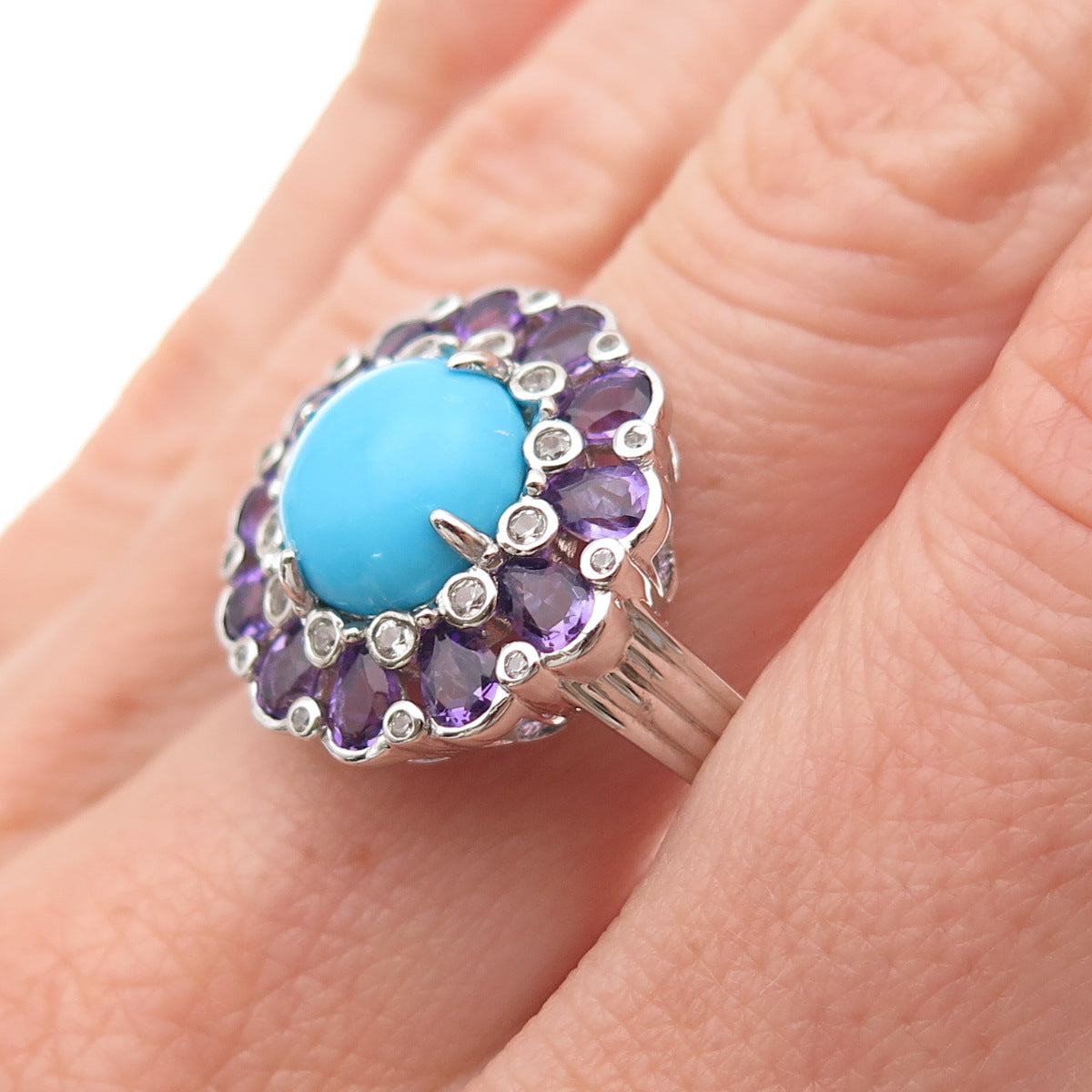 Chuck Clemency Sterling Silver Real Turquoise Amethyst & White Topaz Ring Size 8