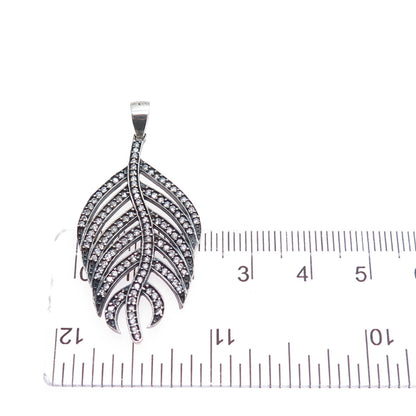 925 Sterling Silver Vintage Round-Cut C Z Feather Oxidized Charm Pendant