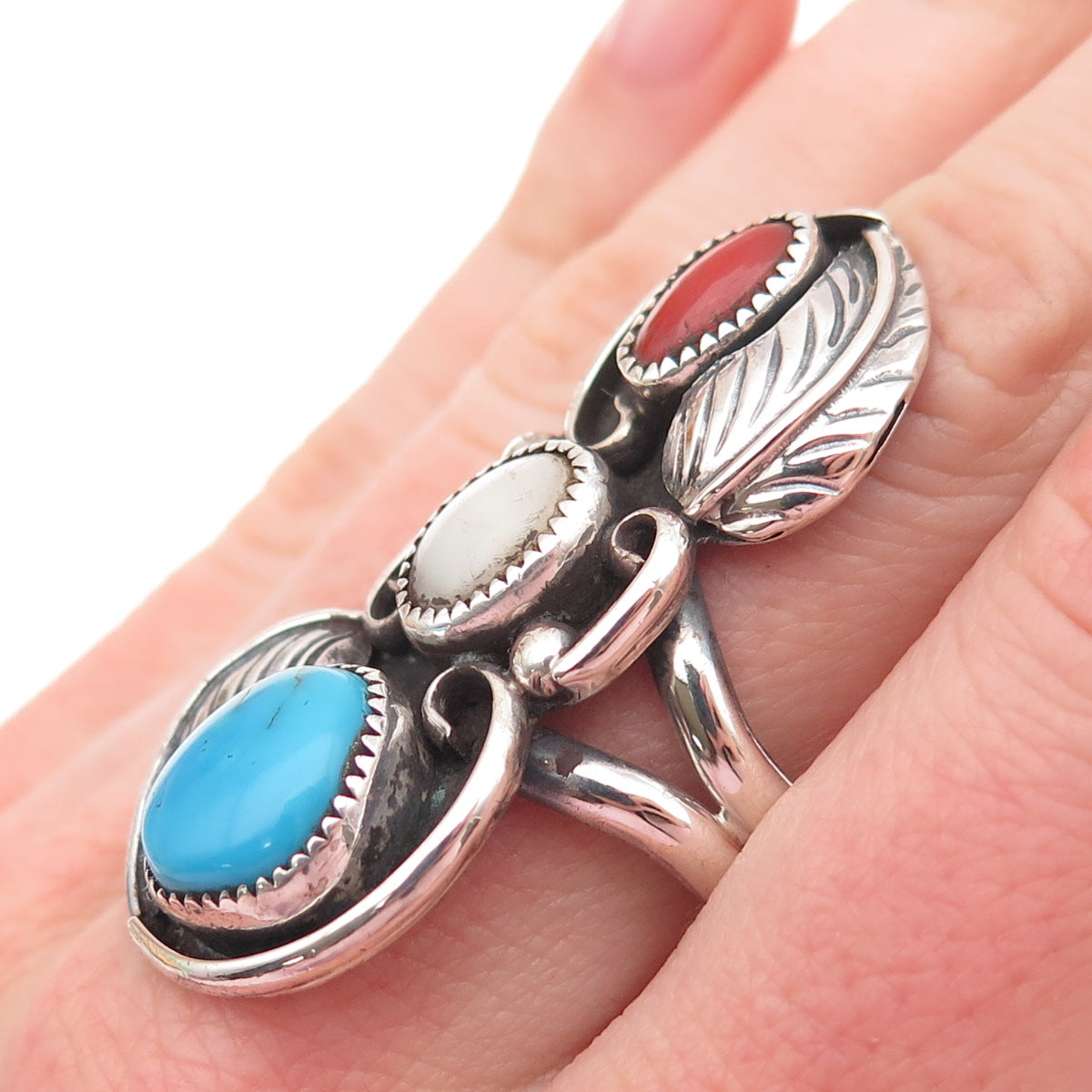 Wilbur Anderson Navajo Old Pawn 925 Sterling Turquoise Coral MOP Ring Size 10.75