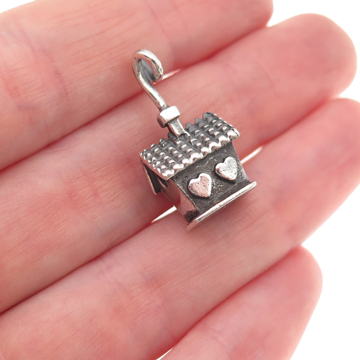 Beau 925 Sterling Silver Vintage Loving House Oxidized 3D Mini Charm Pendant