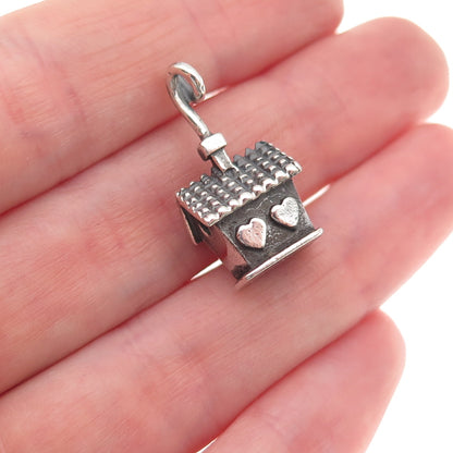 Beau 925 Sterling Silver Vintage Loving House Oxidized 3D Mini Charm Pendant