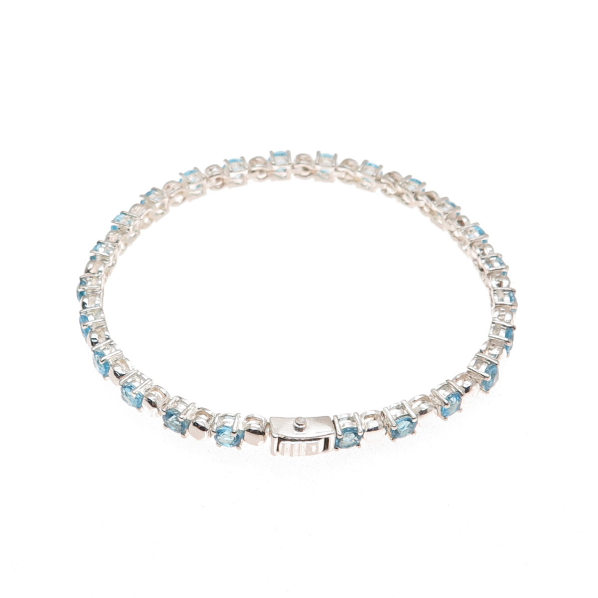 925 Sterling Silver Vintage Real Round-Cut Blue Topaz Tennis Link Bracelet 7.5"