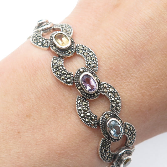 925 Sterling Silver Vintage Real Topaz Citrine Amethyst Marcasite Bracelet 6.75"