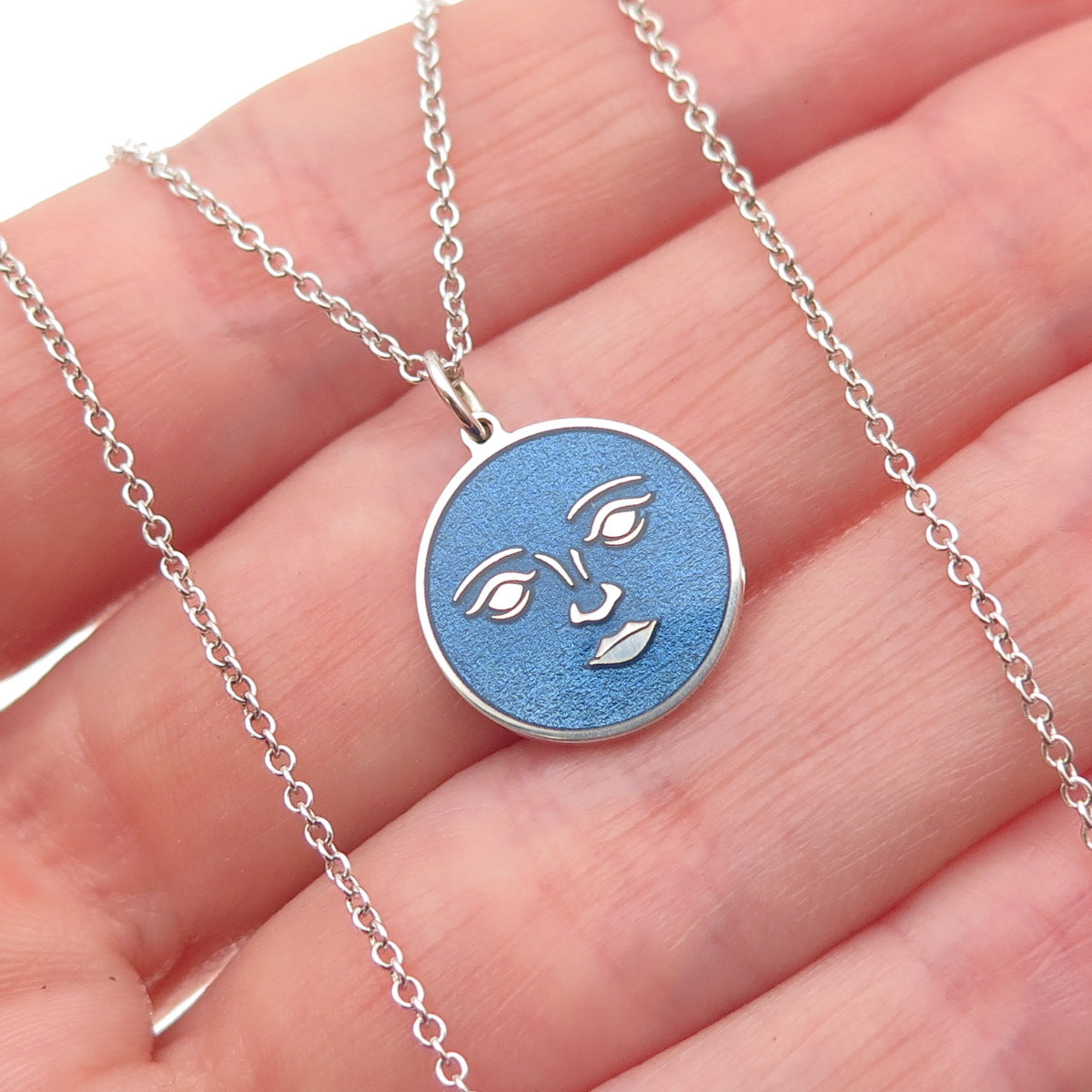 925 Sterling Silver Blue Enamel Moon Face Round Tag Cable Chain Necklace 18"