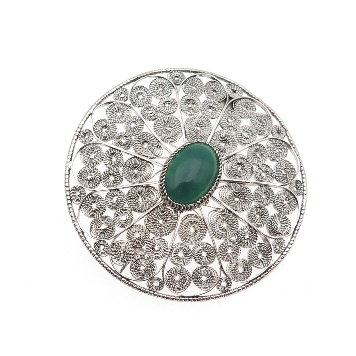 925 Sterling Silver Vintage Israel Real Green Onyx Floral Filigree Pin Brooch