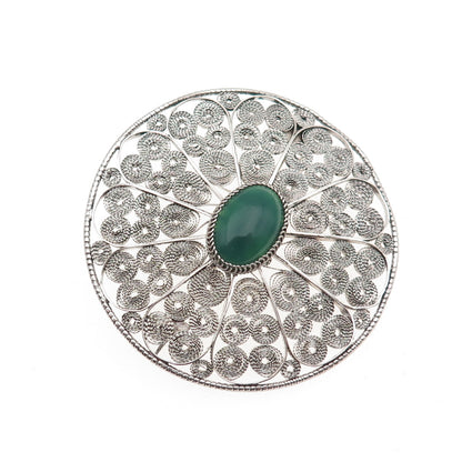 925 Sterling Silver Vintage Israel Real Green Onyx Floral Filigree Pin Brooch
