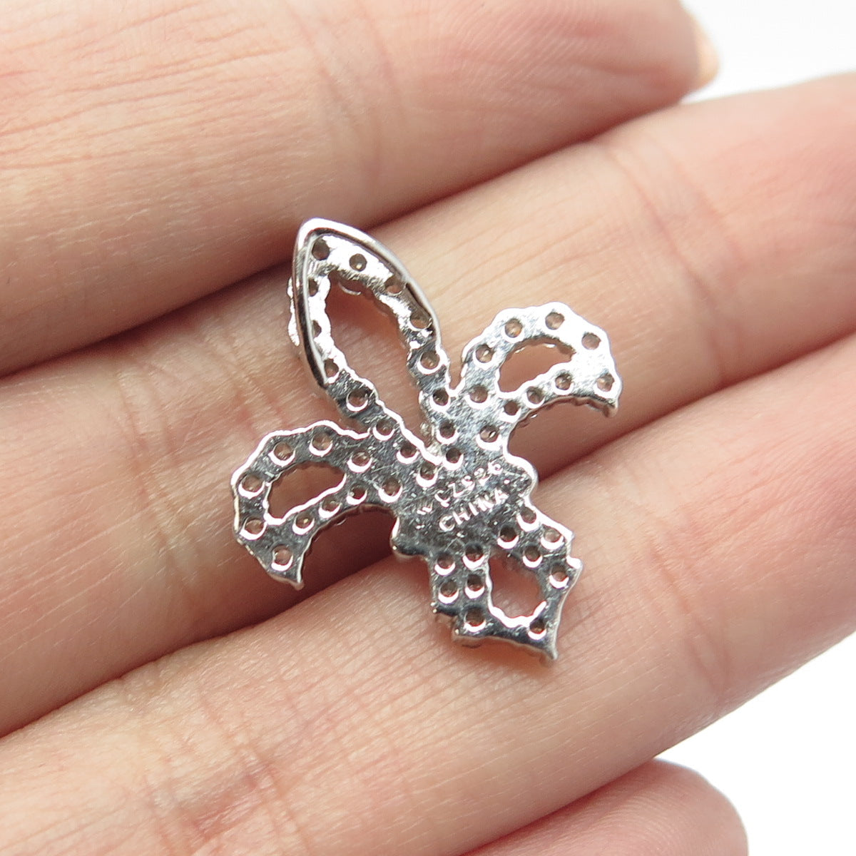 925 Sterling Silver White C Z Fleur de Lis Pendant