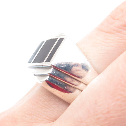 925 Sterling Silver Vintage Real Black Onyx Gemstone Ribbed Ring Size 7.5