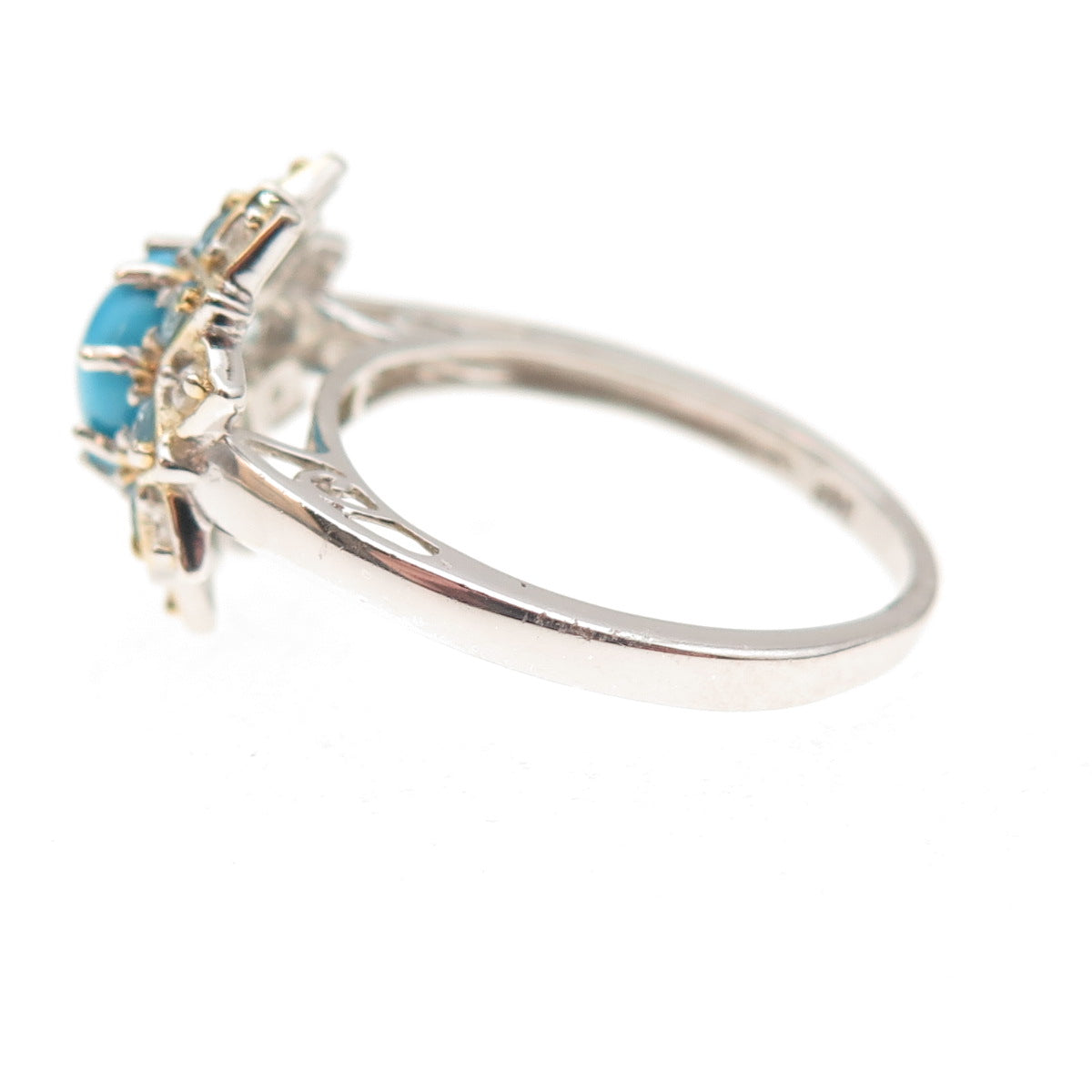 Chuck Clemency Sterling 2-Tone Real Turquoise Blue & White Topaz Ring Size 8.25