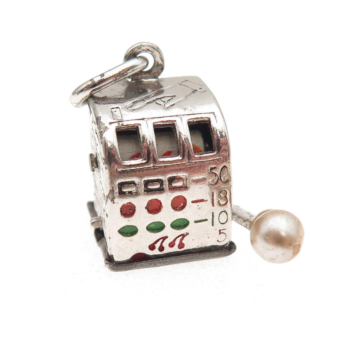 925 Sterling Antique Enamel Real Pearl Slot Machine Casino Lucky 3D Mini Pendant