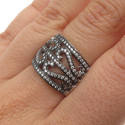 925 Sterling Silver 2-Tone Black Rhodium Round-Cut C Z Heart Ring Size 7