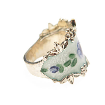 Joseph Esposito Sterling Silver Gold Plated Antique Enamel Floral Ring Size 6.25