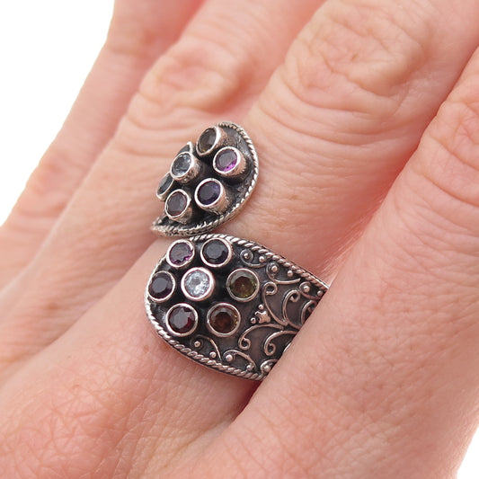 925 Sterling Silver Vintage Real Multi-Color Gem Floral Adjustable Ring Size 8