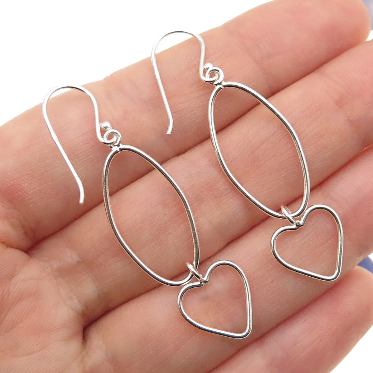 925 Sterling Silver Oval & Heart Dangle Earrings