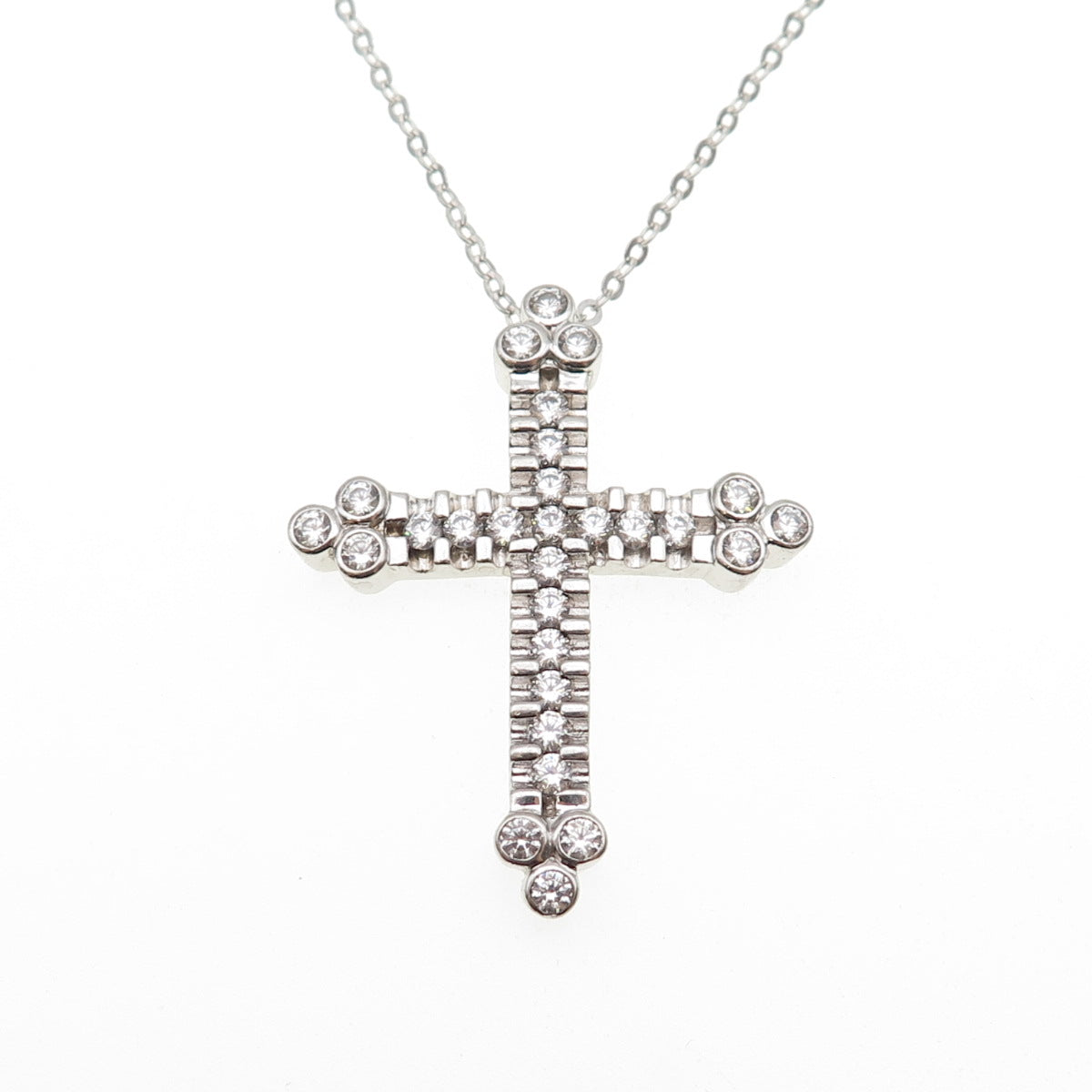 925 Sterling Silver Round-Cut C Z Cross Cable Chain Necklace 16-18"