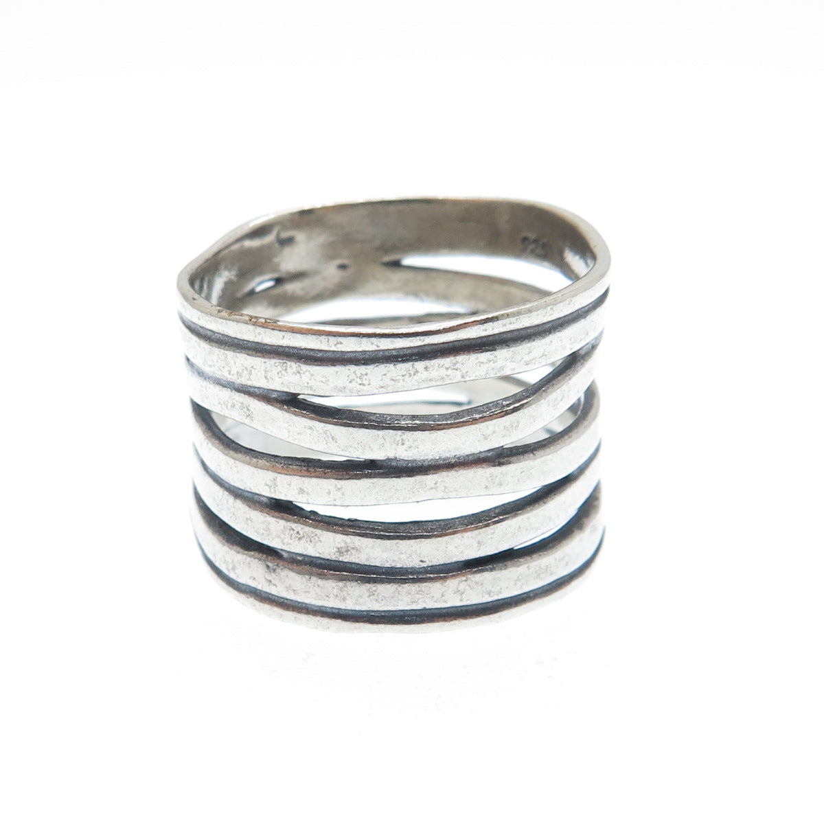 925 Sterling Silver Vintage Modernist 5-Wavy Row Oxidized Ring Size 7.25