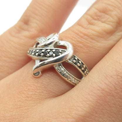 JANE SEYMOUR 925 Sterling Silver Real Black & White Diamond Heart Ring Size 6.75