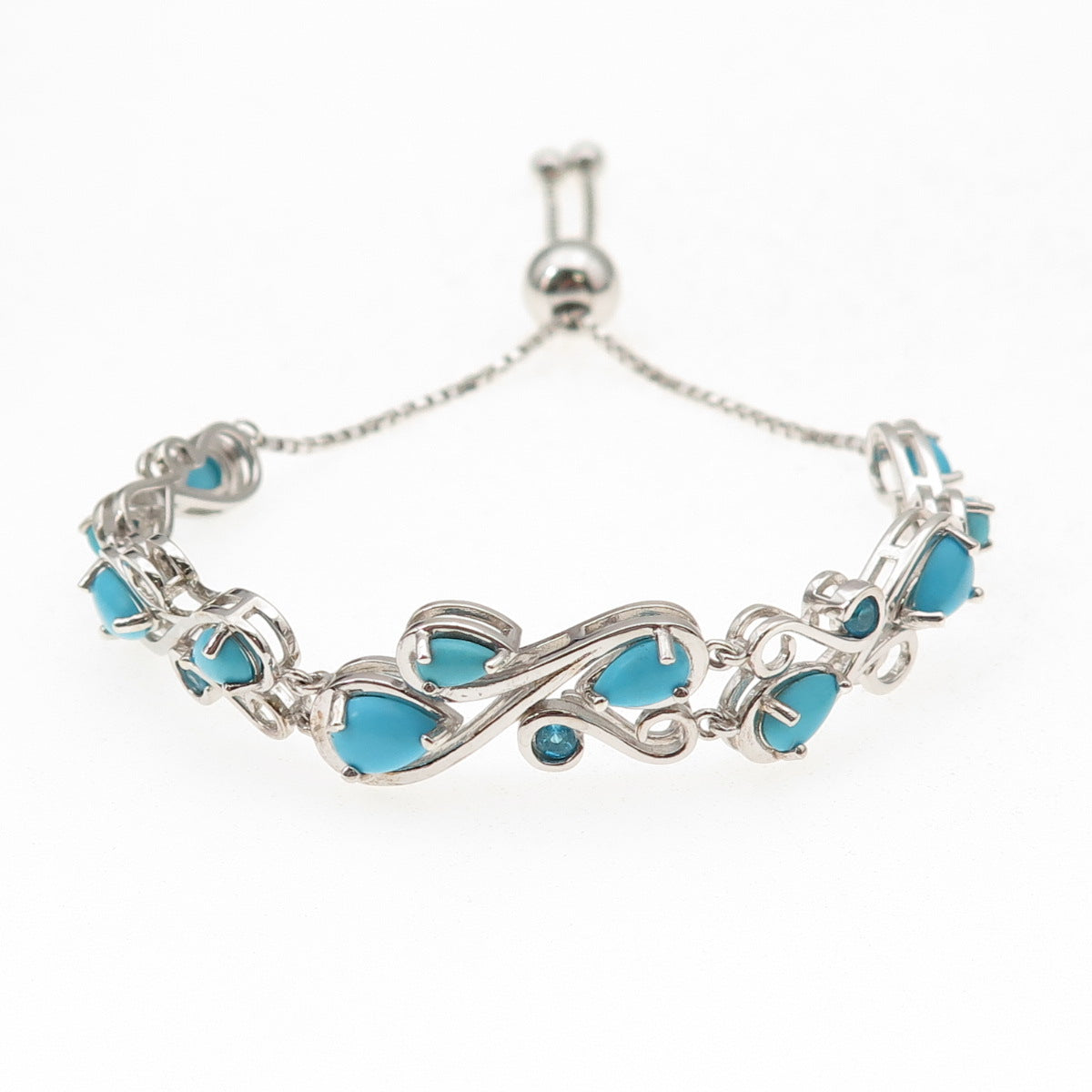 925 Sterling Silver Real Turquoise & Apatite Adjustable Box Link Bracelet 7-9"