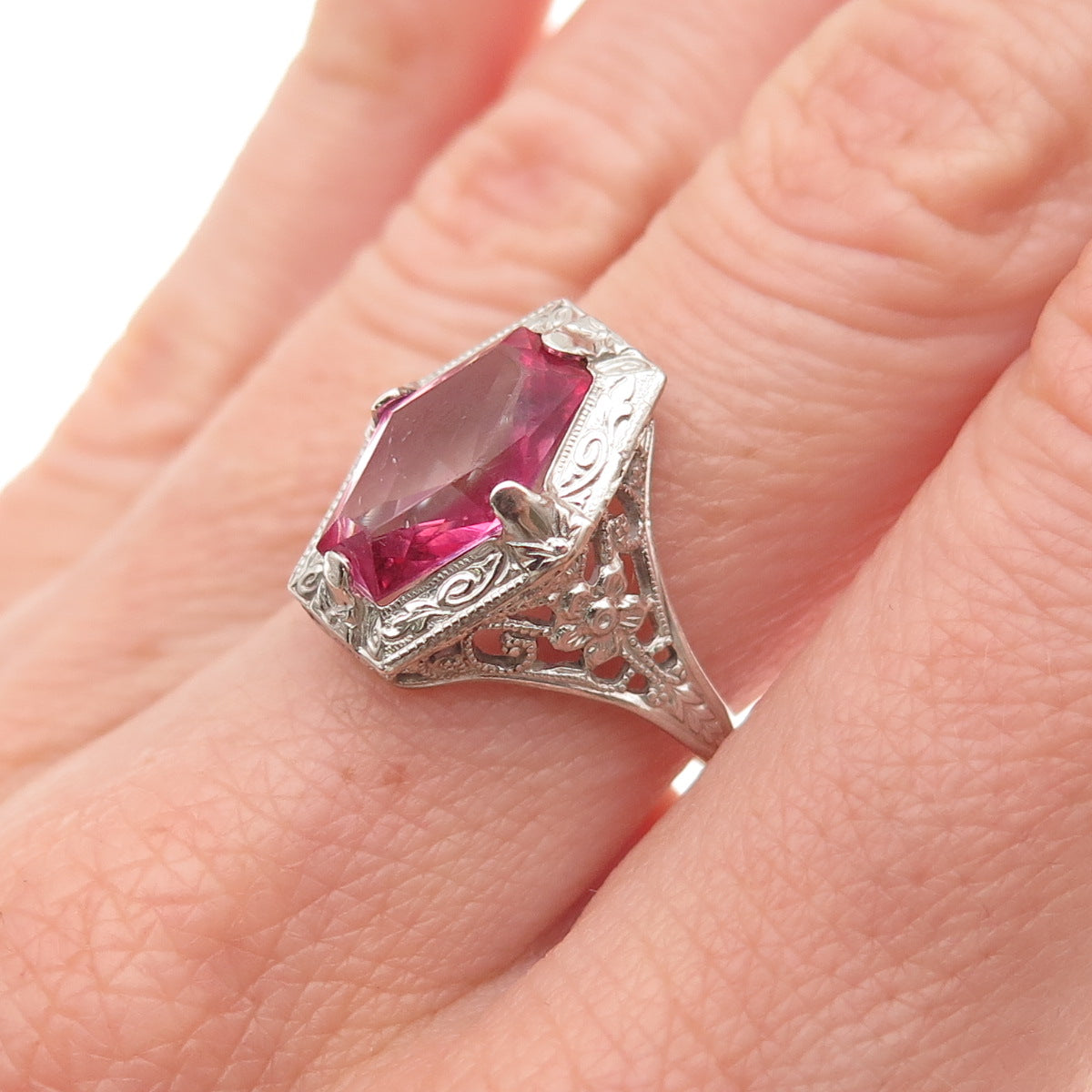 925 Sterling Silver Antique Art Deco Pink Rhinestone Ring Size 7.25