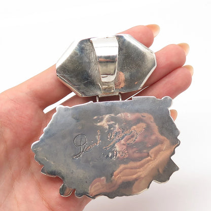 925 Sterling Silver Vintage Real Black Agate Gemstone Modernist Pendant