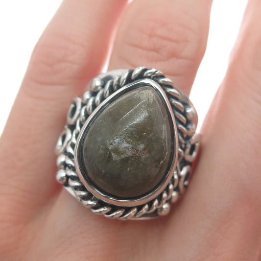 925 Sterling Silver Vintage Pear-Cut Labradorite Heart Oxidized Ring Size 8.5