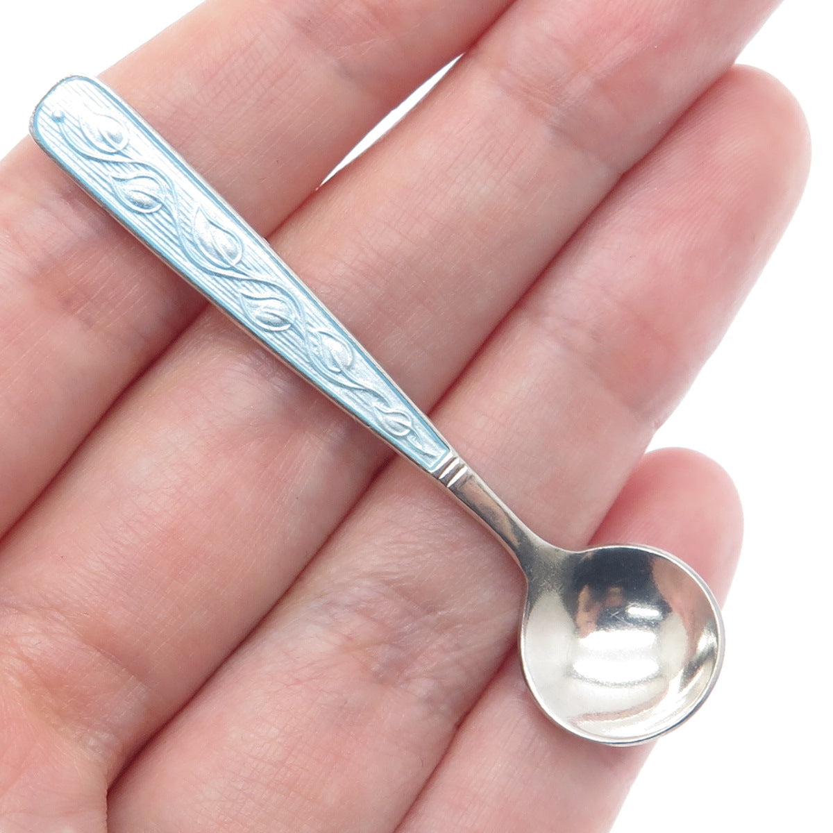 MEKA 925 Sterling Silver Vintage Denmark Guilloche Enamel Salt & Spices Spoon