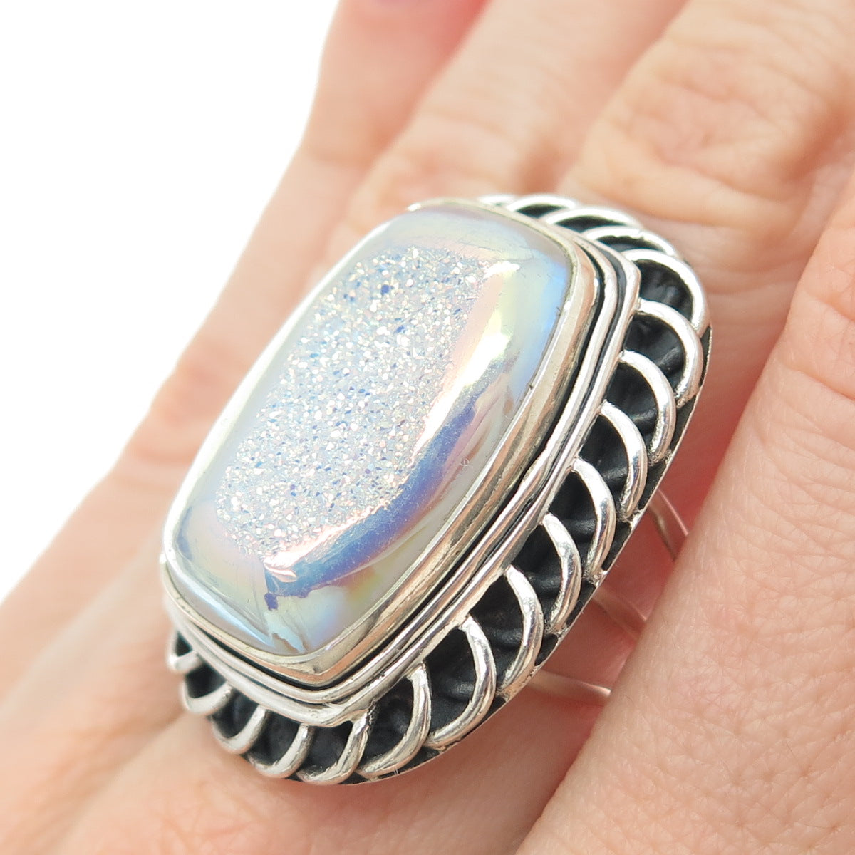 925 Sterling Silver Vintage Real Opalescent Druzy Modernist Ring Size 6.25