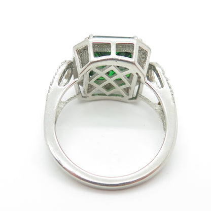 925 Sterling Silver Green Octagon-Cut & White Round-Cut Shaped C Z Ring Size 8