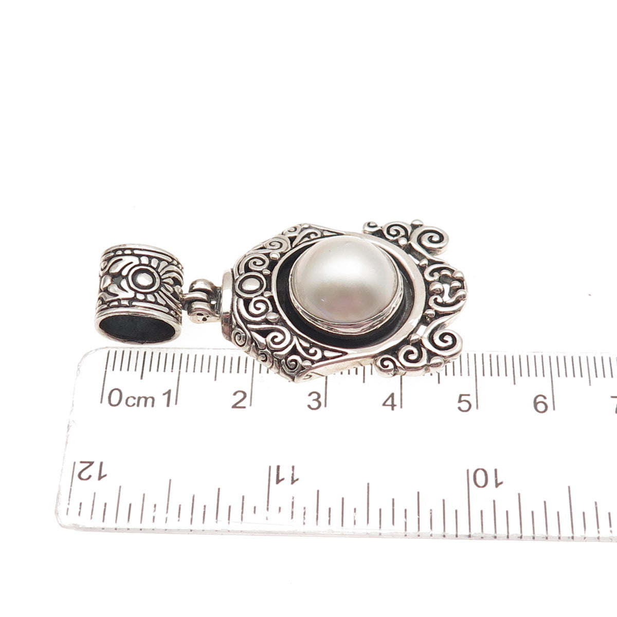 925 Sterling Silver Vintage Real Pearl Modernist Ornate Oxidized Pendant